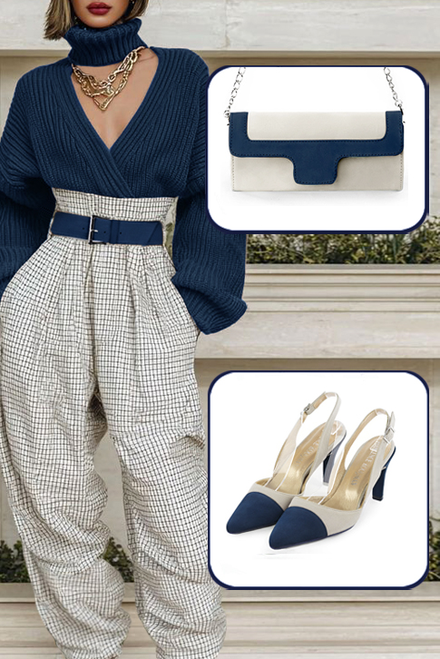 Women's navy blue and off white elegant slingback heels. Tapered toe. High slim heel - Worn view